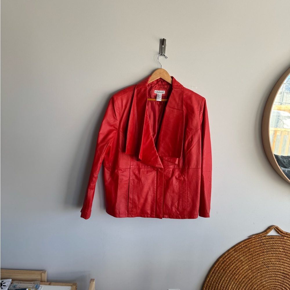 Jessica London Red Leather Jacket with Relaxed Fit and Shawl Collar